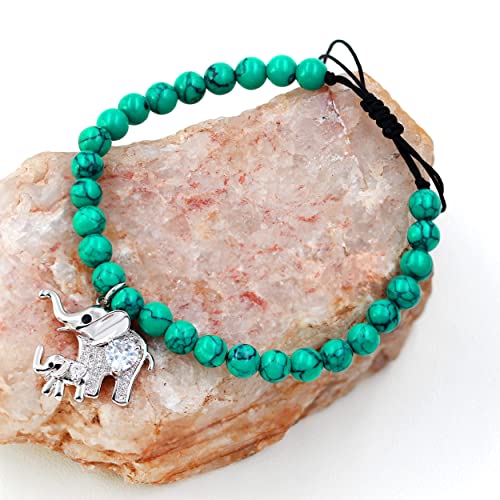 Image of Matte Agate Black Onyx /Turquoise Beads Bracelet, Good Luck Mom and Baby Elephant Bracelet, To My Mom Bracelet Gifts for Mothers Day from Daughter