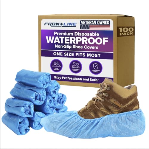 100 Pack Waterproof Shoe Covers Disposable, Premium Non-Slip Recyclable CPE Shoe Covers Protectors for Indoors, Durable, Booties, One Size Fits Most, Fits up to Size 13 US Men and 15 US Women, Blue