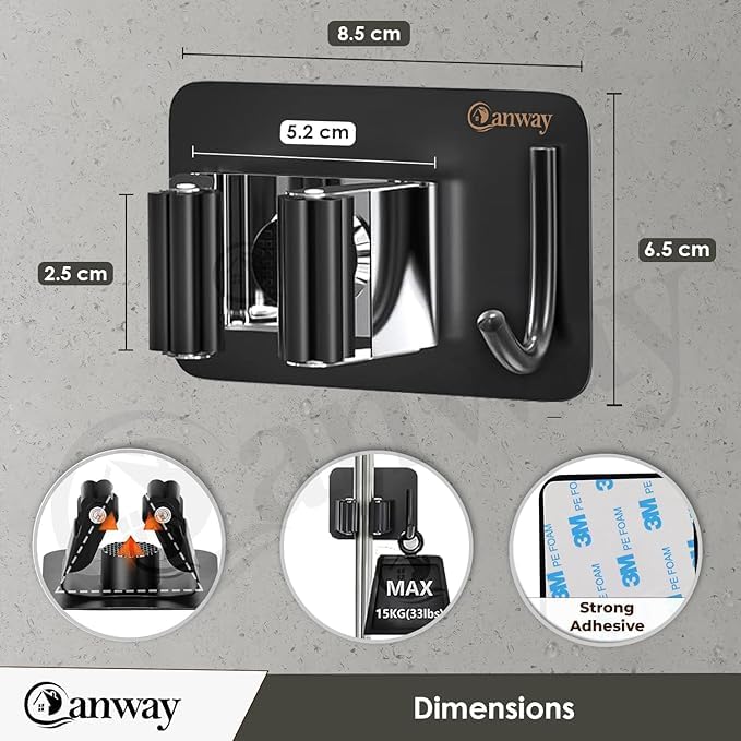 Image of CANWAY 2 Pieces (Black) Self Adhesive Heavy Duty Stainless Steel Wall Mounted Broom and Mop Stick Holder, No Drill Holders for Home, Kitchen, Garden, Laundry and Garage