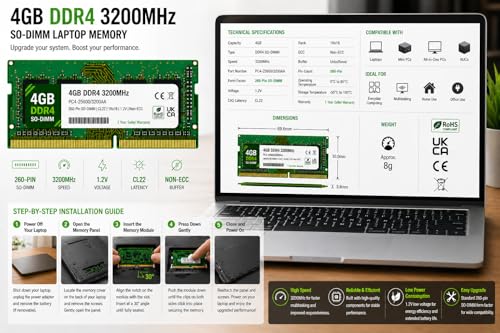 Image of 4GB DDR4 3200MHz OEM Laptop RAM Compatible with Samsung [Key Specs: PC4-25600 /3200AA | 260-Pin SO-DIMM | CL22 | 1Rx16 | 1.2V | Non-ECC] | 1 Year Seller Warranty