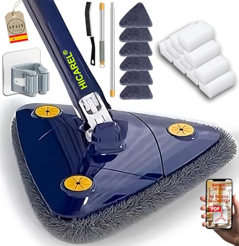 HICAREL® Fregona Autoescurrible, Mopa Triangular Giratoria 360 y Esponja Mágica de Limpieza Pack 10 Und, Limpieza Suelos, Azulejos y Paredes, con 6 recambios Microfibra, Cepillo de Juntas y Colgador.
