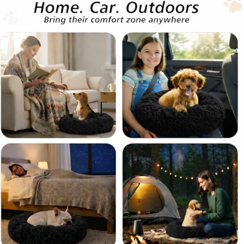 Image of ZEXSAZONE Plush Donut Dog Bed for Dogs & Cats | Soft Calming Anti-Anxiety Pet Bed | Warm Cozy Winter Dog Bed for Puppies | Washable Round Bed (Black Small)