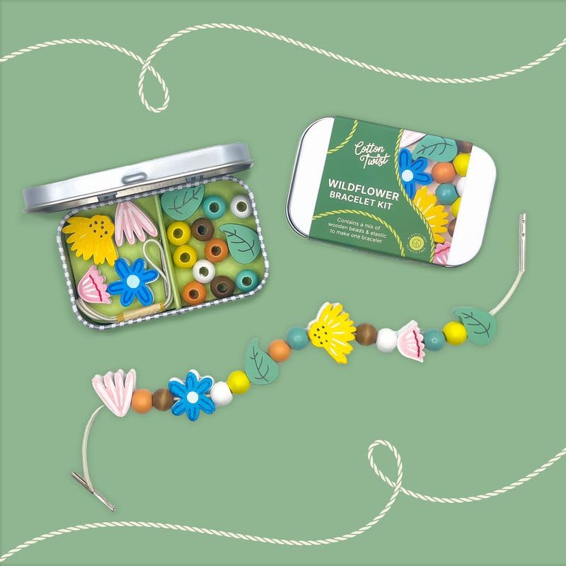 COTTON TWIST Kids Wildflower Bracelet Making Gift Kit - Children Creative Beading Jewellery Designing Craft Play Set with Rectangular Tin