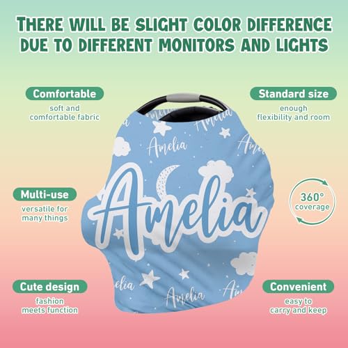 Image of Custom Car Seat Covers for Babies - Breathable Baby Car Seat Cover for Girls Boys, Kick-Proof Newborn Carrier Light Blue Star Canopy Stretchy Stroller Cover for 4 Seasons