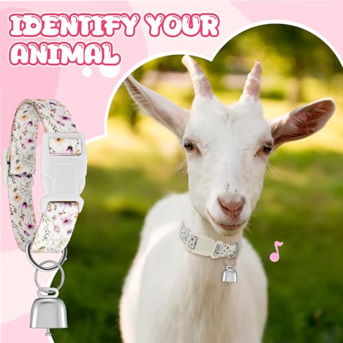 Image of 2 Pack Floral Goat Collars with Bells, Adjustable Nylon Sheep Collar 13.7-20.5 in, Loud Copper Bell Pet Anti Lost Grazing Collar for Small Farm Animal Goat Lamb Sheep Accessories, White Pink