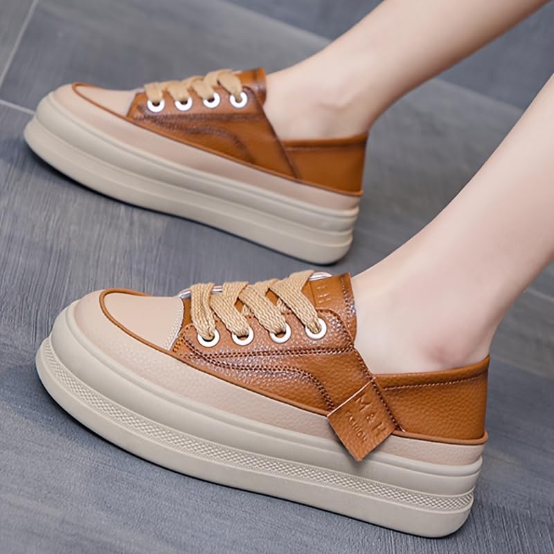 Women's Simple Platform Sneakers, Casual lace-up Outdoor Shoes, Comfortable Low-top Leather Shoes2