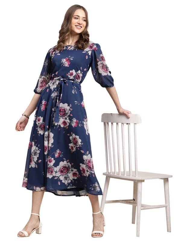 Preneum Women's Maxi Fit & Flare Latest Style Print Georgette Regular Sleeves Casual Summer Maxi Dress || Festival & Occasion, Light Blue, 2Xl