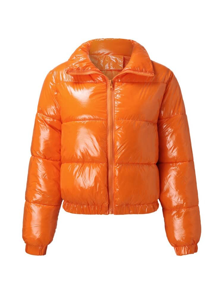 VSERETLOON Winter Coat Women's Fluffy Shiny Bubble Coat, Padded Super Warm Waterproof Windbreaker Outerwear (Color : Orange Puffer Jacket, Size : S)