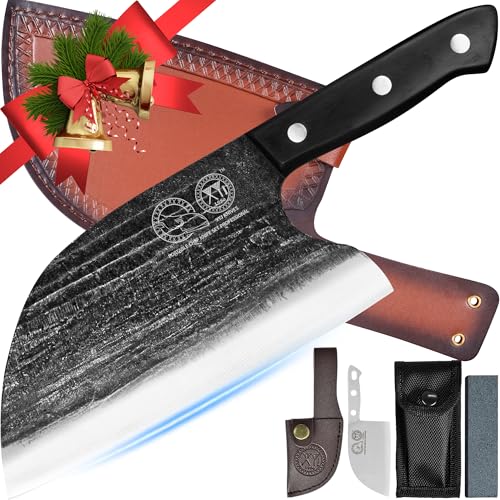 Full Tang, Serbian Chefs knife,Chef Meat Cleaver,Kitchen Knives,Set with Leather Sheath,Take