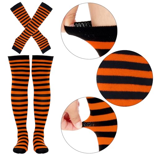 Image of Tongcloud Women's Striped Knee High Socks, Over Knee Thigh High Socks, Arm Warmer and Fingerless Gloves Set