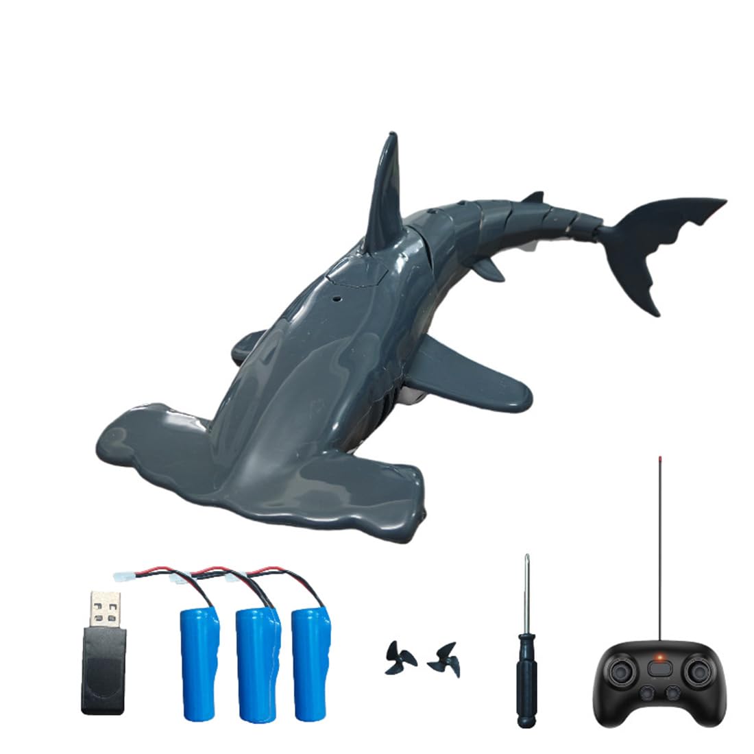 SpedUpX 2.4GHz RC Hammerhead Shark Water Toy with Diving Function Spray Effect Bionic Swimming Motion Waterproof Remote Control Marine Animal Model(Grey/3 Battery)