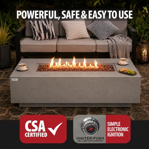 Image of AMS Creations | Madison 60 inch Bundle Rectangular Propane Gas Outdoor Fire Pit Table | Light Gray Concrete GFRC | Smooth Texture or Surface | Electronic Ignition | Outside Backyard Fireplace