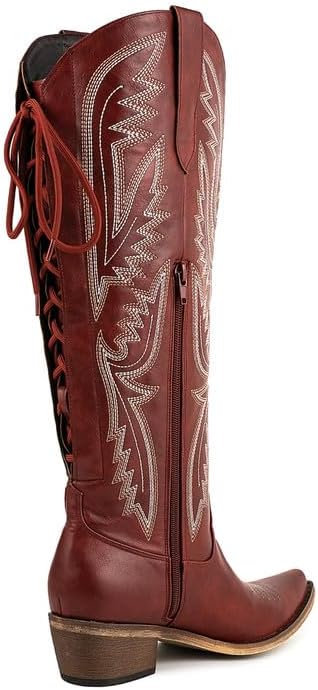 Atuelang Western Cowboy Boots for Women Knee High Wide Calf Lace Up Embroidered Cowgirl Boots - Image 6