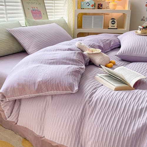 Seersucker Duvet Cover Set Double Size Beddding Set with Pillowcases for Teens Adults Soft Microfiber Polyester Seersucker Bedding Lilac 200x200cm