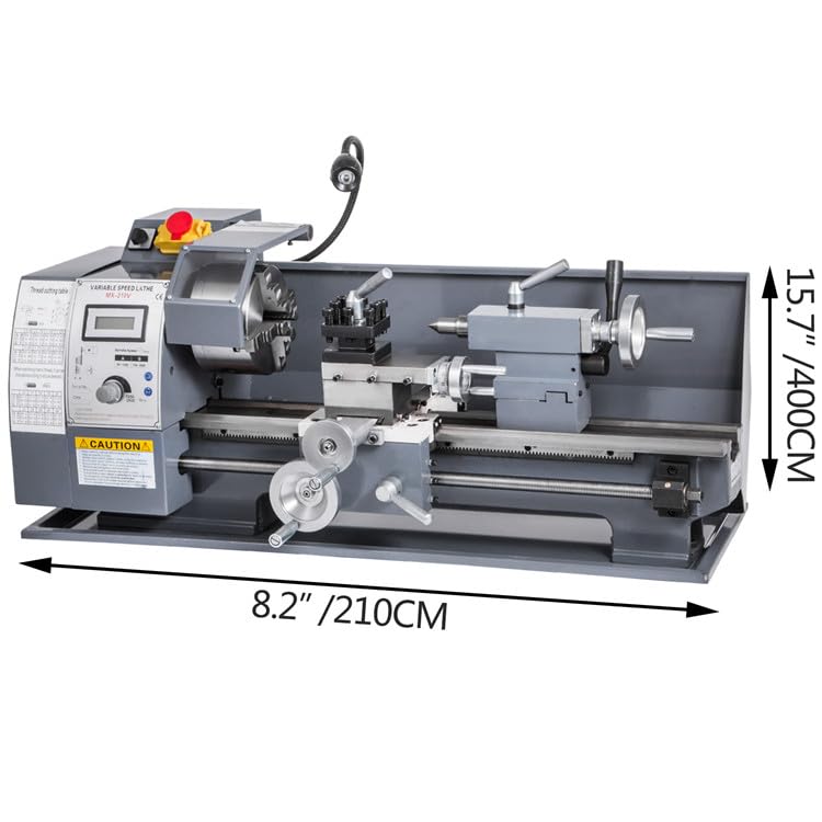 Tornio da tavolo in metallo da 210 x 400 mm con superficie di lavoro allungata, regolazione della velocità a due livelli nell'intervallo di 50-1250/100-2500 giri/min, mandrino di serraggio ad alta