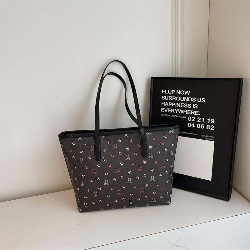 Image of hibear Cherry Print Tote Bag for Women Bow Shoulder Handbag Trendy Faux Leather Top-Handle Bag with Cherry Accessories