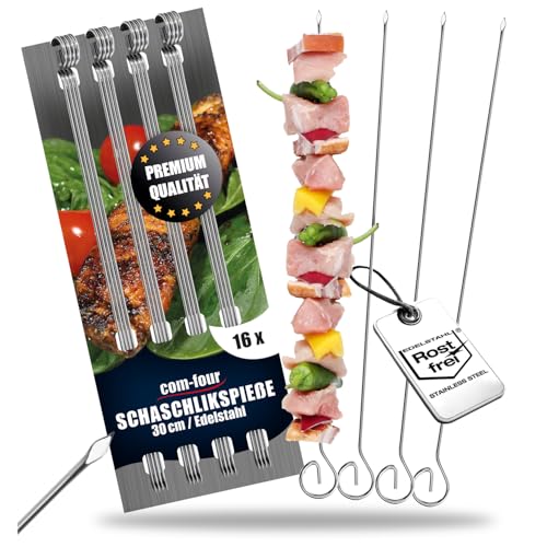 COM-FOUR® brochettes de brochettes 16x en acier inoxydable - brochettes de viande de 30 cm de long - brochettes de légumes haut de gamme dans un ensemble (30cm - 16...