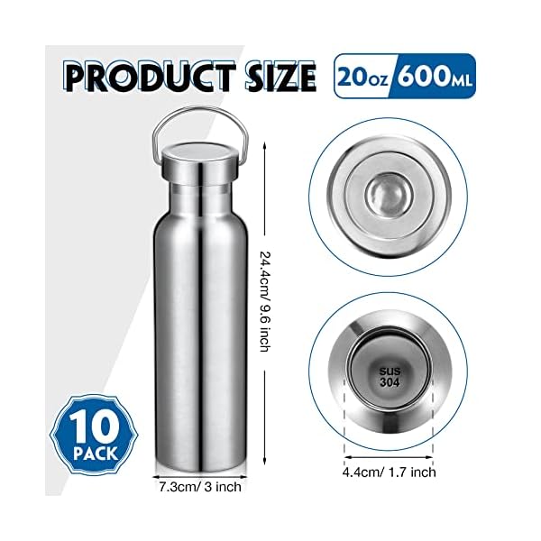 10 Pack Insulated Water Bottle 20 oz Stainless Steel Sport Bottle Bulk Double Wall Metal Reusable Flask with Leakproof Lid of Handle for Travel Cyclists School Gift(Silver) - Image 4