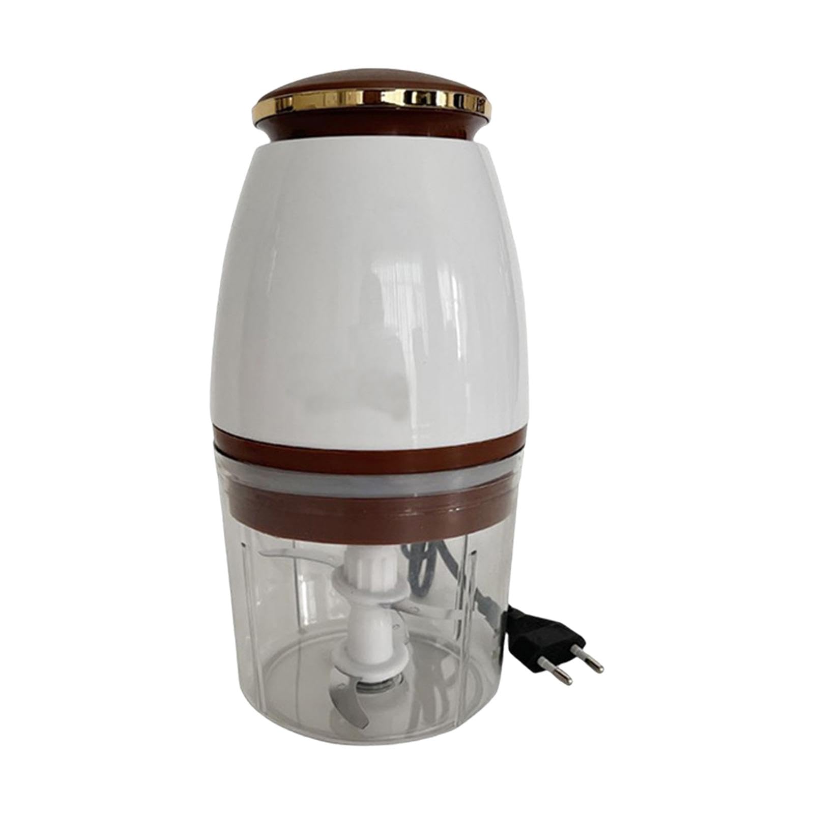 Máquina trituradora portátil eléctrica de frutas y cebolla con recipiente visible de 4 cuchillas