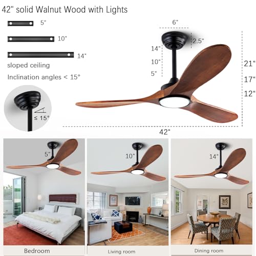Image of QUTWOB 42 inch Wood Ceiling Fan with Light, Reversible DC Motor, Remote Control