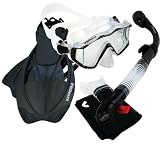 Promate 9990, Trans. Black, ML/XL, Snorkeling Scuba Dive Panoramic Purge Mask Dry Snorkel Fins Gear