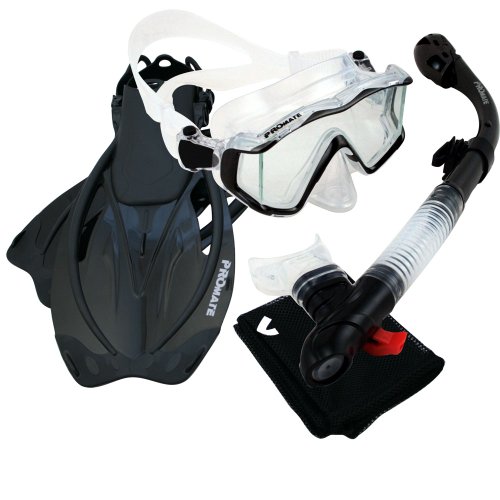 Promate 9990, Trans. Black, Ml/Xl, Snorkeling Scuba Dive Panoramic Purge Mask Dry Snorkel Fins Gear Set #TOP9