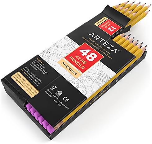 ARTEZA 2 HB Wood Cased Graphite Pencils with Rubbers, Bulk Pack of 48, Pre-Sharpened with Latex Free Rubbers, for School, Office, Writing, Drawing and Sketching