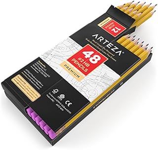 ARTEZA 2 HB Wood Cased Graphite Pencils with Rubbers, Bulk Pack of 48, Pre-Sharpened with Latex Free Rubbers, for School, Office, Writing, Drawing and Sketching