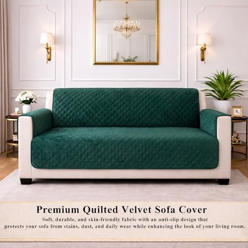 Image of STITCHNEST 'Airsoft Range Series' Solid Quilted Velvet Sofa Cover for 3 Seater | Premium Soft Velvet Sofa Protector | Green Diamond Quilted Design with Armrest Pockets | Furniture Cover