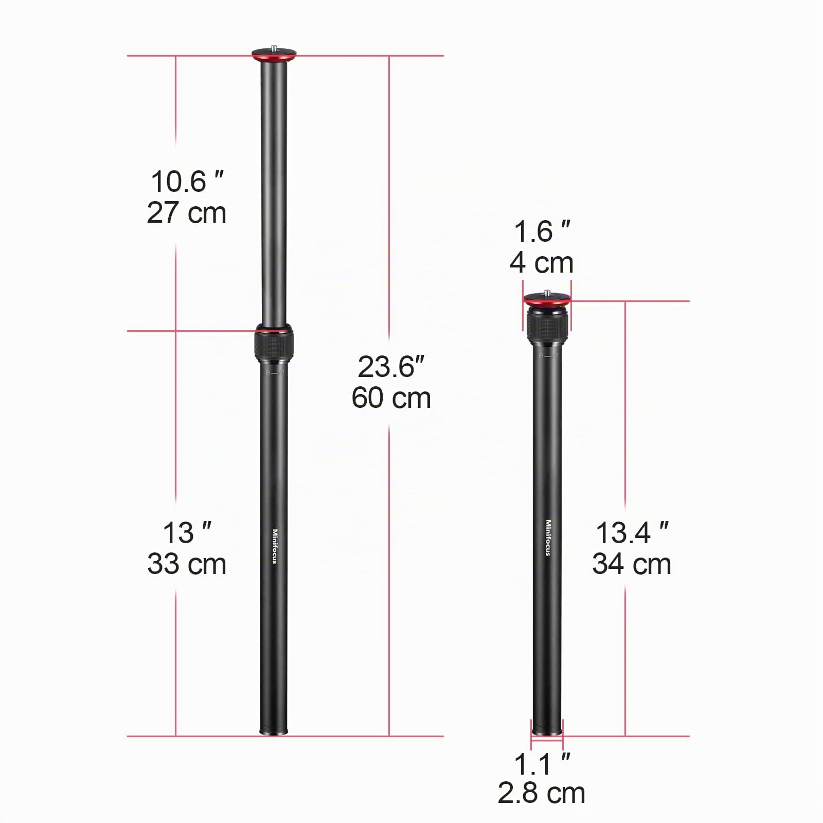Stativverlängerung 2 Abschnitte Mittelsäule, 34-60cm Aluminium Teleskopstange, 15kg Tragkraft, 1/4" 3/8" Gewinde für Kamerastativ, Handystativ, Selfie Stick, Kamera, GoPro, Insta360