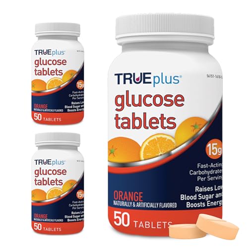 TRUEplus Glucose Tablets, Chewable, Orange Flavor, 15g Fast-Acting Carbohydrates, Fat Free, Gluten Free, Raise Low Blood Sugar and Boost Energy, 50 Count, 3 Bottles