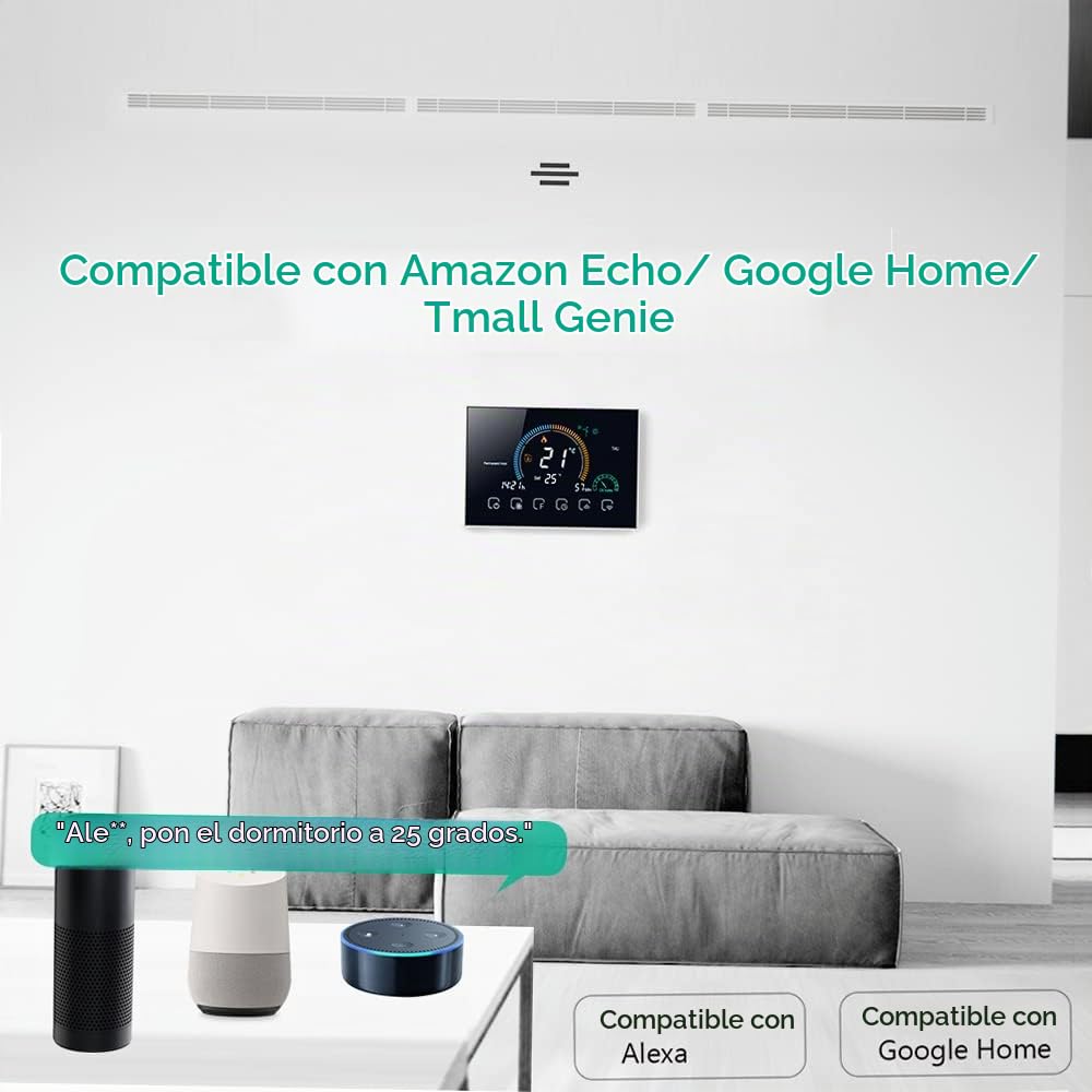 Kavolet Termostato programable Inteligente WiFi para Caldera de Agua/Gas, con índice UV/Pantalla de Humedad/función de Bloqueo, Control de aplicación de Voz