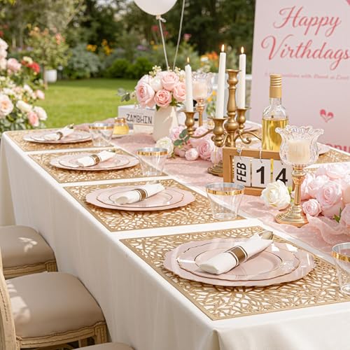 Liacere 350PCS Pink Plates Disposable-PinK Plates 50guest Baroque Plastic Dinnerware include 100Plates, 50Pack Pre Rolled Napkins with Silverware 50Cups Perfect for Valentine's Day＆Galentines Day