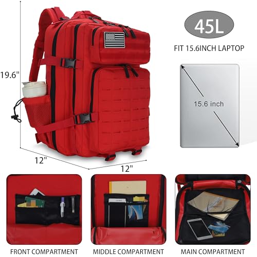 Image of Sparklekle Military Tactical Backpack 45L 3 Day Assault Pack Waterproof Molle Hiking Rucksack for Men&Women (Red)