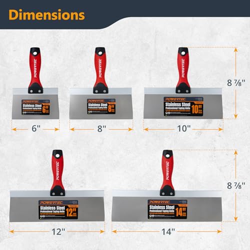 Image of POWERTEC Drywall Knife Set, 5 Pcs Stainless Steel Taping Knives, 6 inch,8 inch,10 inch, 12 inch,14 inch Drywall Joint Taping, Finishing & Patching (72174)