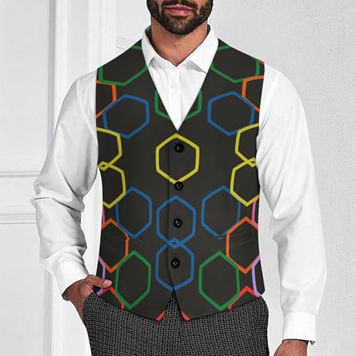 Colorful Hexagons And Black Men's Suit Vest Slim Fit V-Ncek Waistcoat Business Casual Vest2