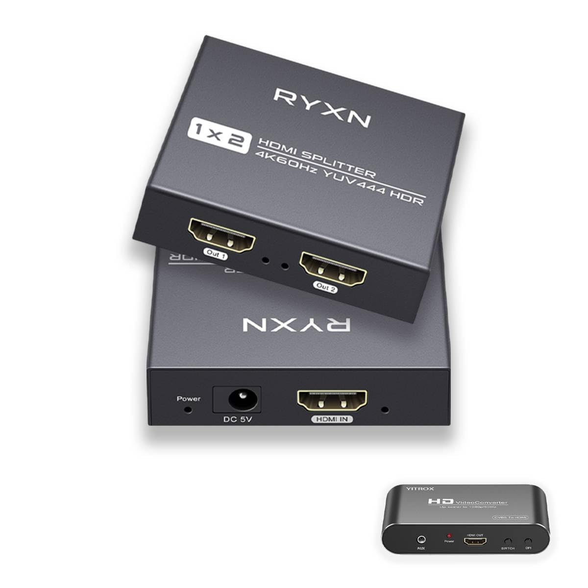 HDMI 2.0 Splitter 1 in 2 Out 4K@60Hz + Component to HDMI Converter Upscaler