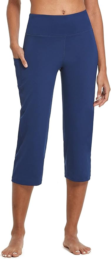 BALEAF Yoga Pants for Women Capris High Waist Leggings with Pockets Wide Leg Exercise Workout Crop Straight Open Bottom
