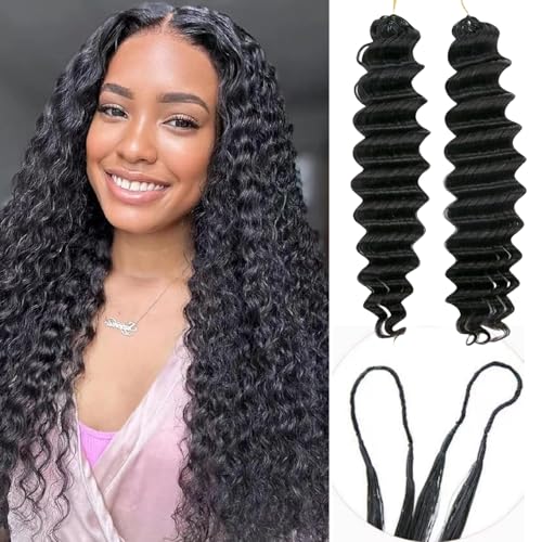 Limited Beauty Deep Wave Crochet Human Hair Extensions 2 Packs 120g Invisible Miracle Knots Feather Crochet Hair Knotless Pre-Separated Burmese Curly Natural Black 16inch 120g