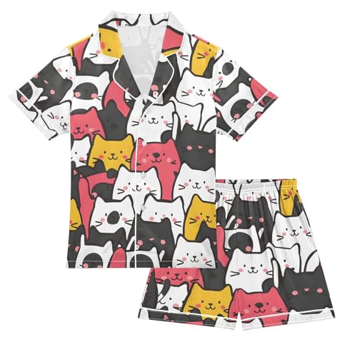 ALAZA Cute Color Cat Kitten Pajamas Satin Pajama Set Short Sleeve Button Down Sleepwear
