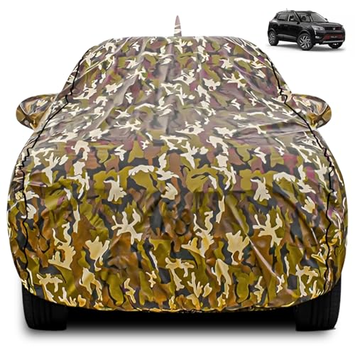 Image of FABTEC Car Body Cover for Mahindra Xuv 300 Jungle Print with Soft Cotton Lining Waterproof Car Cover UV & Rain Protection with Mirror and Antenna Pocket Bottom Elastic (Military /Camouflage Pattern)