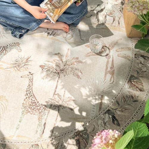 jinchan Round Rug 5ft Beige Jungle Animals Print, Machine Washable 5' Circle Modern Soft Non-Slip Forest Plant Throw Area Rug, Ultra-Thin Low Pile Carpet for Entryway Bedroom Kitchen Kids Room - Image 5