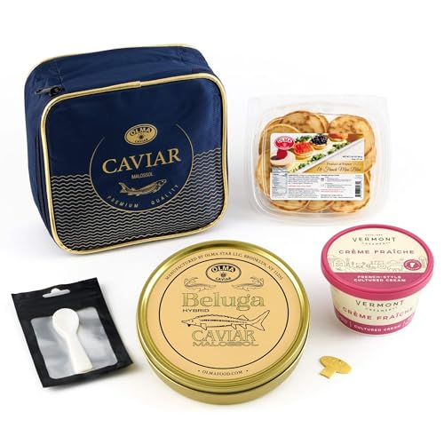 OLMA Beluga Hybrid Caviar Gift Set - Includes 250g Metal Tin Beluga Fish Roe, Mini Blinis, Creme Fraiche & Mother of Pearl Serving Spoon - Rated Top Black Caviar in the World