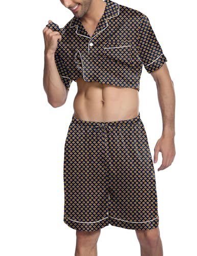 Image of Ekouaer Mens Satin Pajamas Set Button-Down Short Sleeve Shirt Top Soft Silk Sleepwear Shorts with Pockets