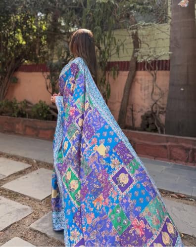 Image of Sidhidata Women's Chinon Ajrakh Printed Mirror Patch Work Saree With Unstitched Blouse Piece (Rangrez Blue Blue Free Size)