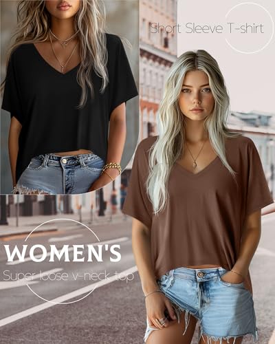 Huukeay 3 Pack Oversized T Shirts for Women Short Sleeve Crop Tops V Neck Irregular Hem Baggy Cropped Tees2