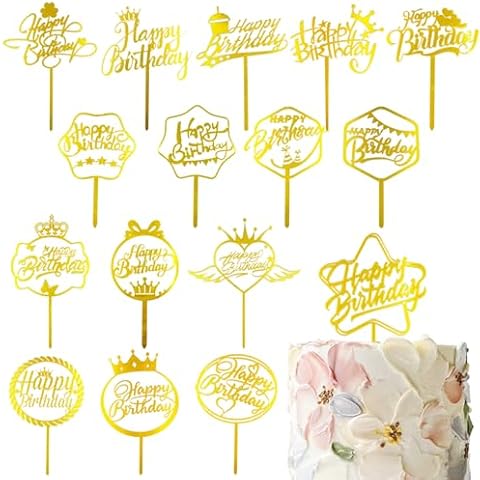 16 PCS Happy Birthday Cake Toppers Acrylic Gold Birthday Cake Toppers Decorations and Birthday Cupcake Toppers Decorations Cover