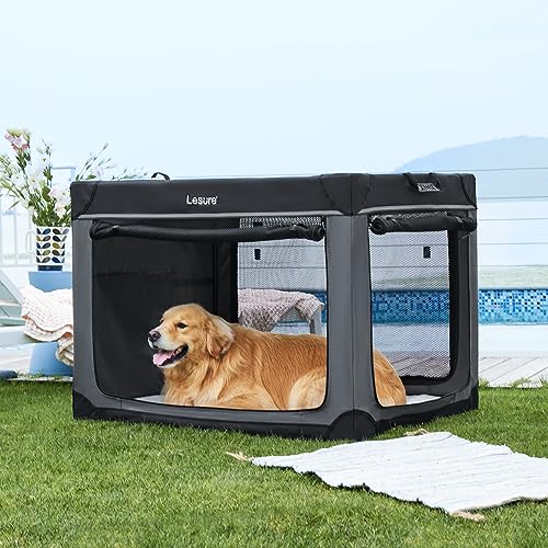 Lesure Soft Collapsible Dog Crate - 42 Inch Portable Travel Crate for Extra Large Dogs Indoor & Outdoor, 4-Door Foldable Pet Kennel with Durable Mesh Windows, Black
