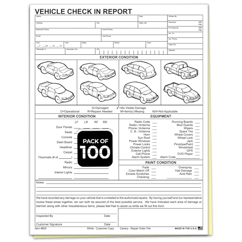MICRO TEC Vehicle Check In Report Inspection Forms 2-Part 8.5x11, 100 Pack