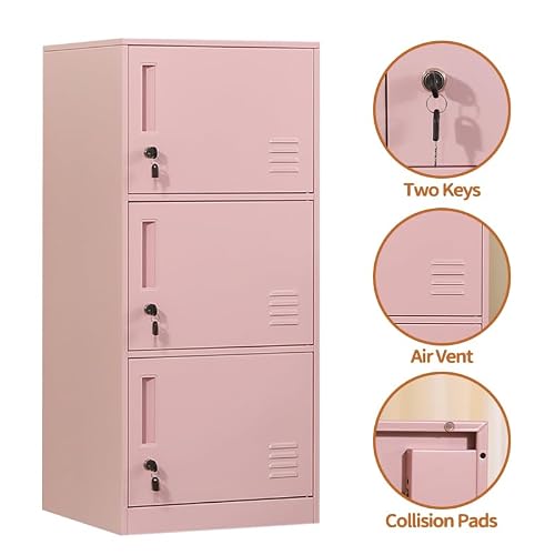 DAYTOYS 3 Door Metal Vertical Storage Locker for Kids Bedroom, Children Room, School, Office, Home,Stackable Steel Storage Cabinet for Toys, Clothes & Sports Equipment,Anti-Tilting Device. (3D, Pink)